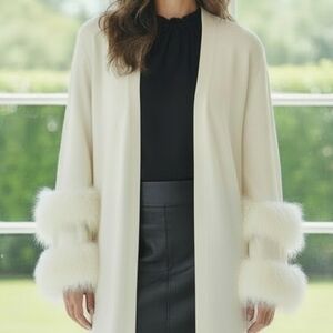 Chico's Traveler's Cream Long Cardigan with Faux Fur Cuffs.